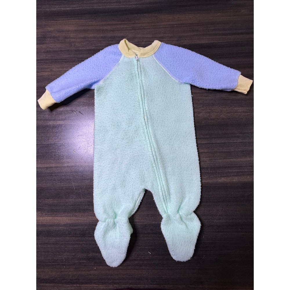 Vintage Sears Infant Sleeper Footed Pajamas Fleece One‎ Piece Zip Blue Green 12M